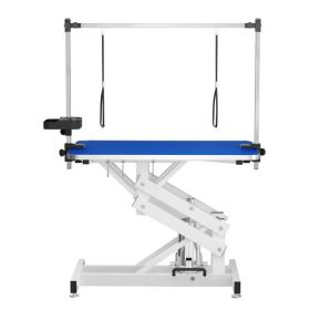 43 Blue Heavy-Duty Hydraulic Dog Grooming Table: Anti-Static Top, Adjustable Z-Lift (21-36"), Double Armrests, Leash Covers, Tool Organizers